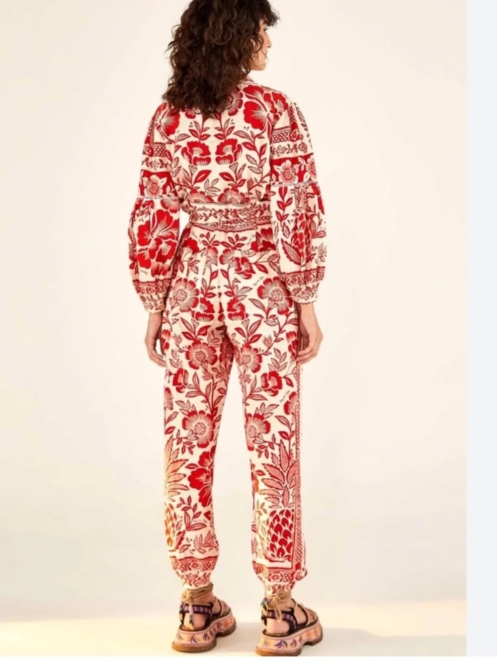 Farm Rio Red Pineapple Garden Floral Print Linen Blend Jumpsuit Size Small - Picture 4 of 7